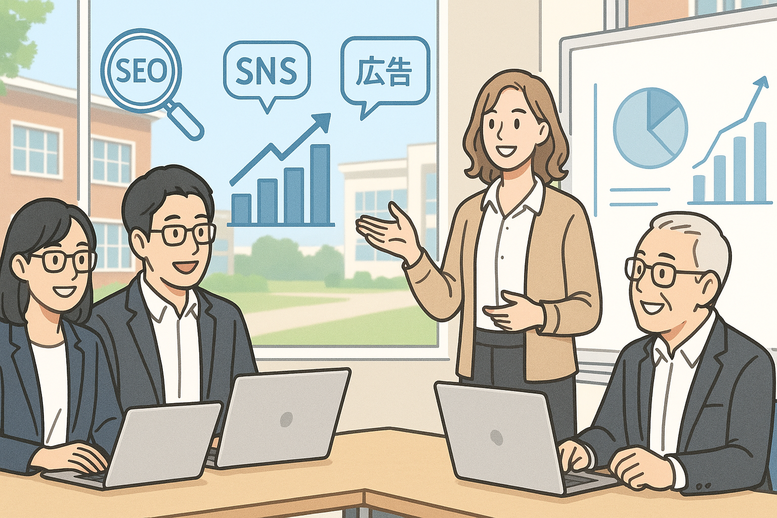 専門学校の広報担当が集客戦略を話し合うミーティング風景。マーケティングのグラフとSNSアイコンを表示。